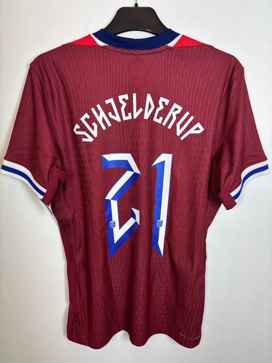 Back view of Nike Norway 2024 home shirt displaying Schjelderup name and number 21
