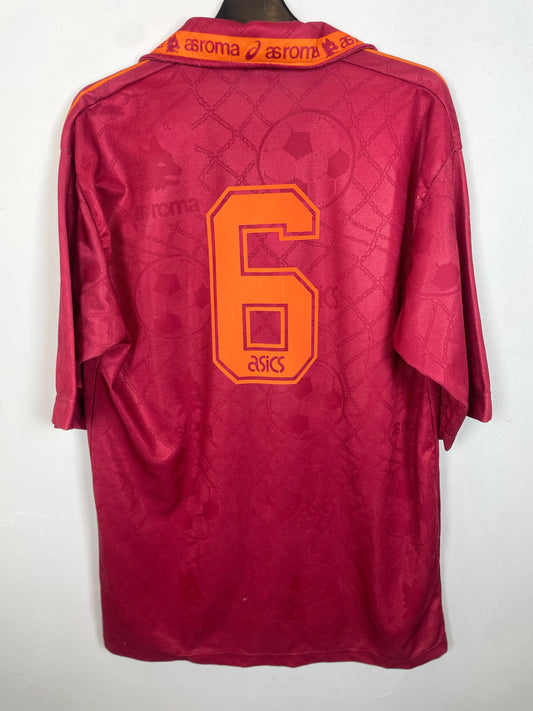 Maroon as roma fotballdrakt with number 6 and 'Asics' branding on a white background