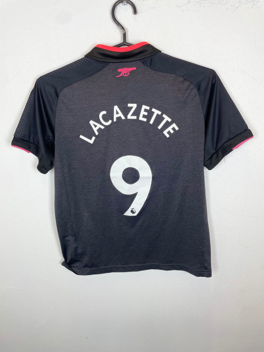 Back view of Arsenal third shirt 2017/18 showing Lacazette name and number 9, size 11-12 years
