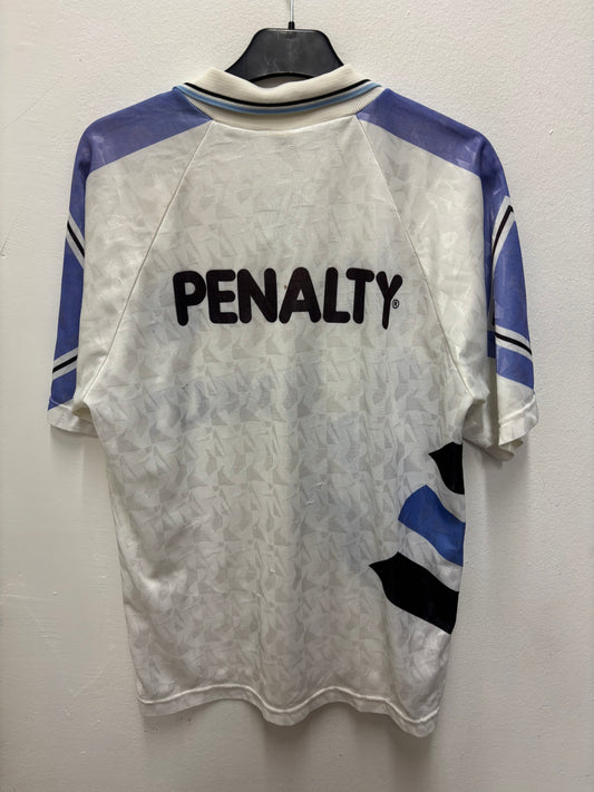 White vintage Brazilian kit with blue and black accents on a white background, featuring the brand 'Penalty'.