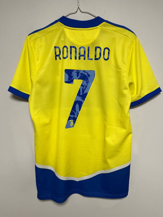 Yellow sports jersey with 'RONALDO' and number '7' on a hanger against a gray background