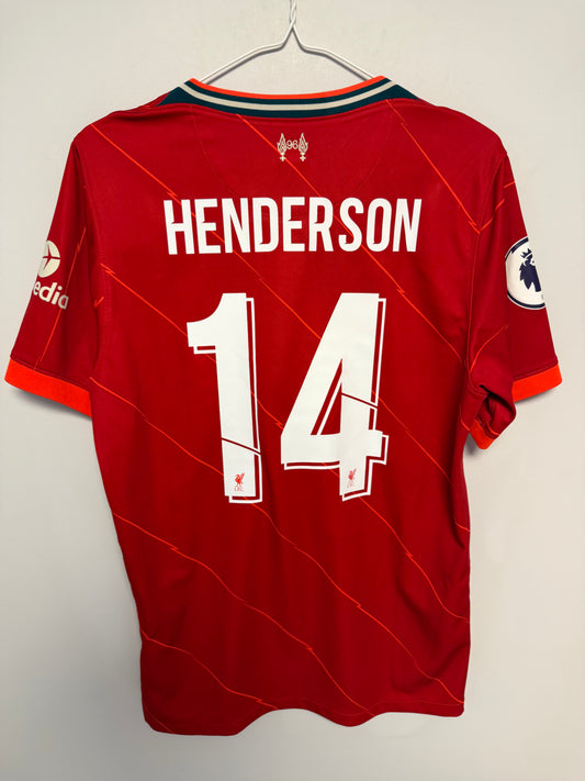 Back view of Liverpool 21/22 home shirt displaying Henderson name and number 14 print
