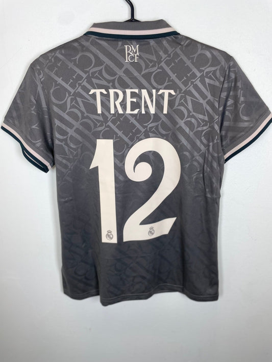 Front view of the Real Madrid 24/25 ladies third shirt showing the crest and Adidas stripes, shown in full front detail