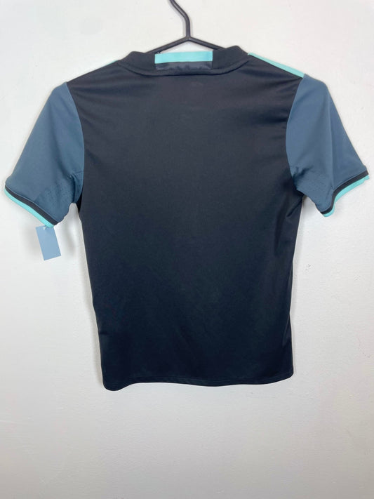 Front view of the Ajax 16/17 kids away shirt showing the club badge and Adidas three stripes, shown in full front detail