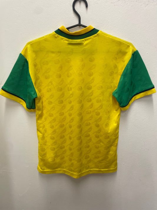 Front view of the retro Norwich City 96/97 home shirt showing the Canaries badge and yellow design