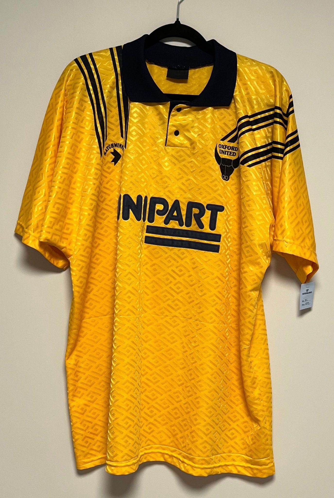 Vintage Oxford United home football shirt from 1992/93 in yellow with the club crest, size XL, hand graded in Norway
