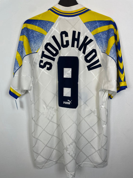 Front view of the retro Parma 95/97 home shirt showing the badge and Puma branding, photographed at our Stavanger store
