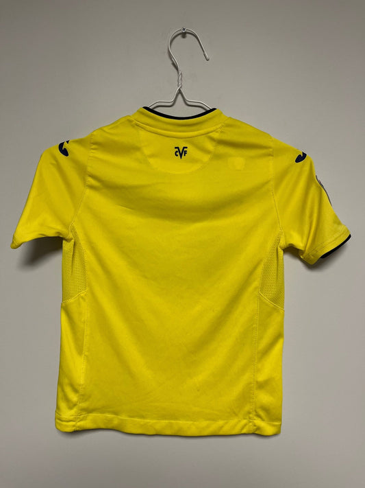 Front view of the Villarreal 22/23 kids home shirt showing the Yellow Submarine club badge, shown in full front detail