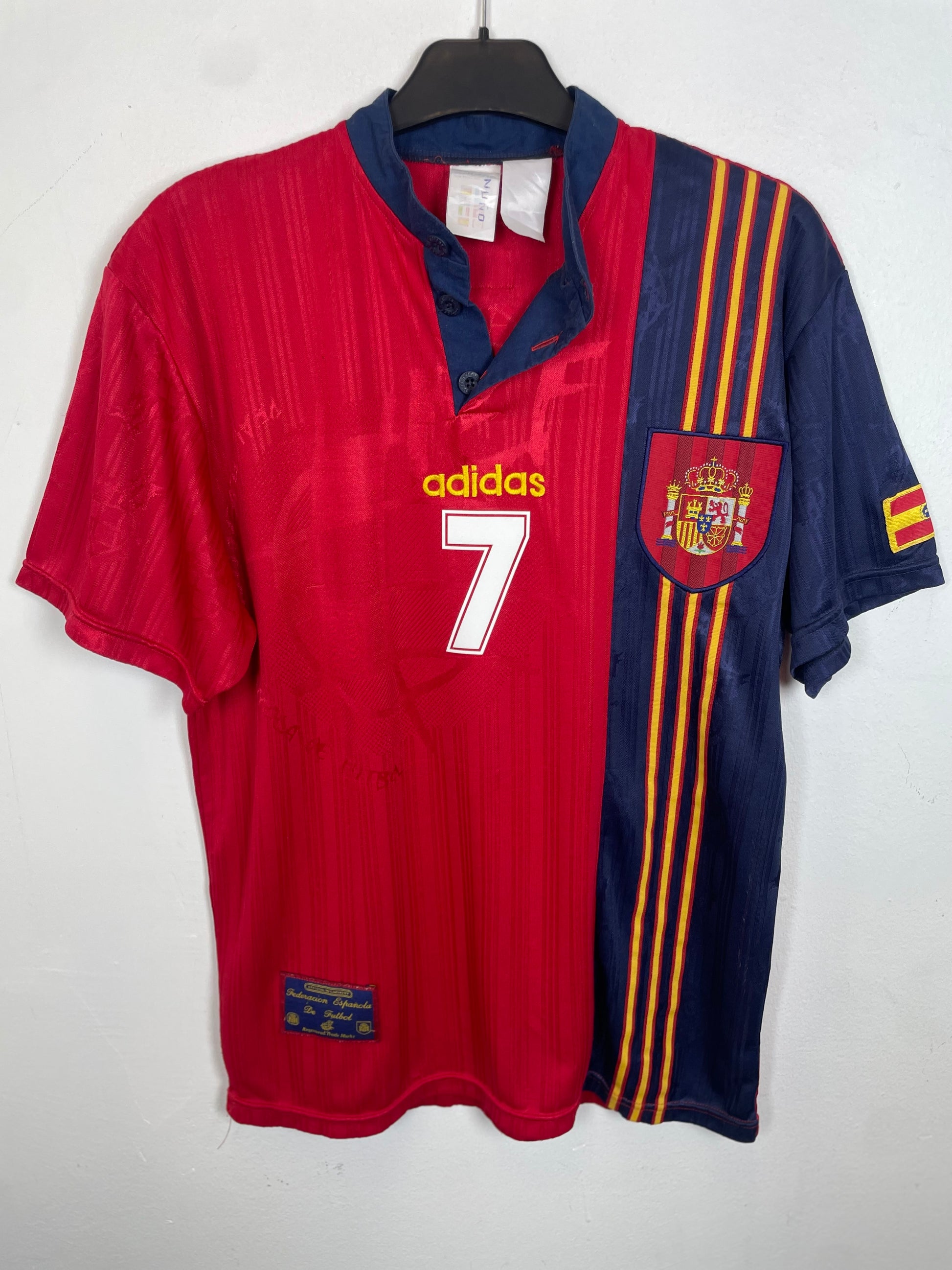 Adidas Spain 96/98 home shirt with Amavisca 7 — front view in red