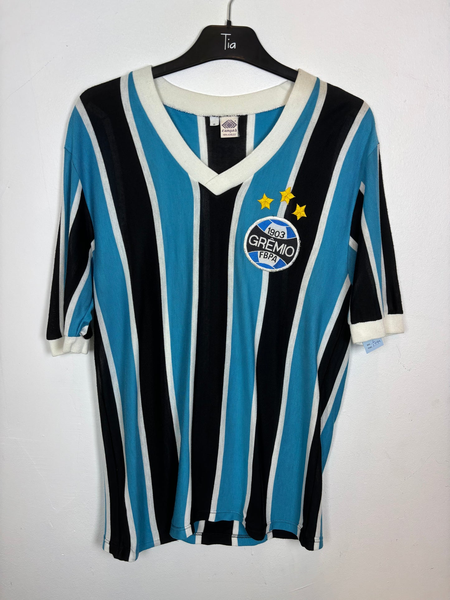 Campea Gremio home shirt 1985 in excellent condition, classic blue and black striped design