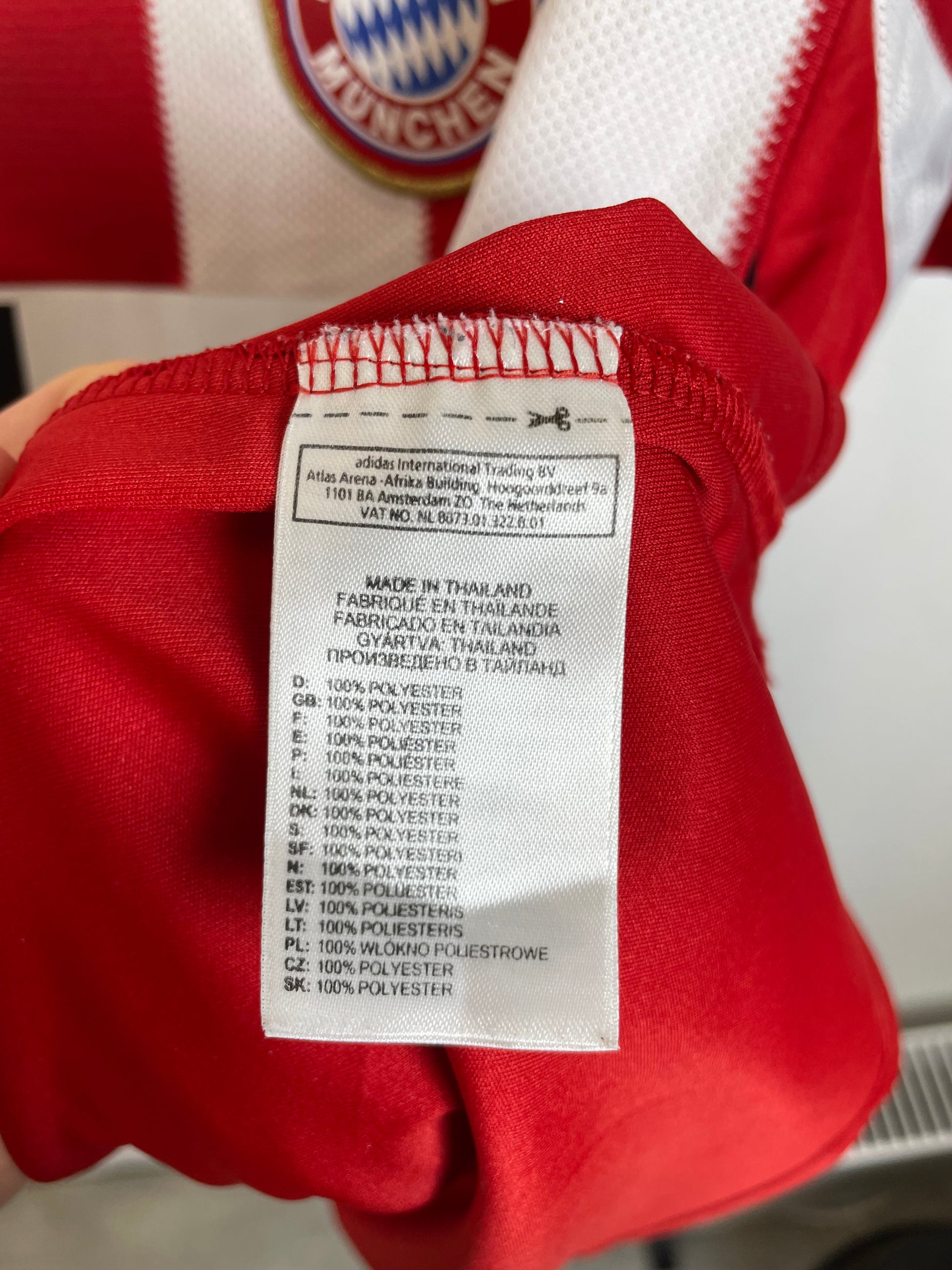 Bayern Munich 10/11 home shirt — inner Adidas tag and authenticity detail