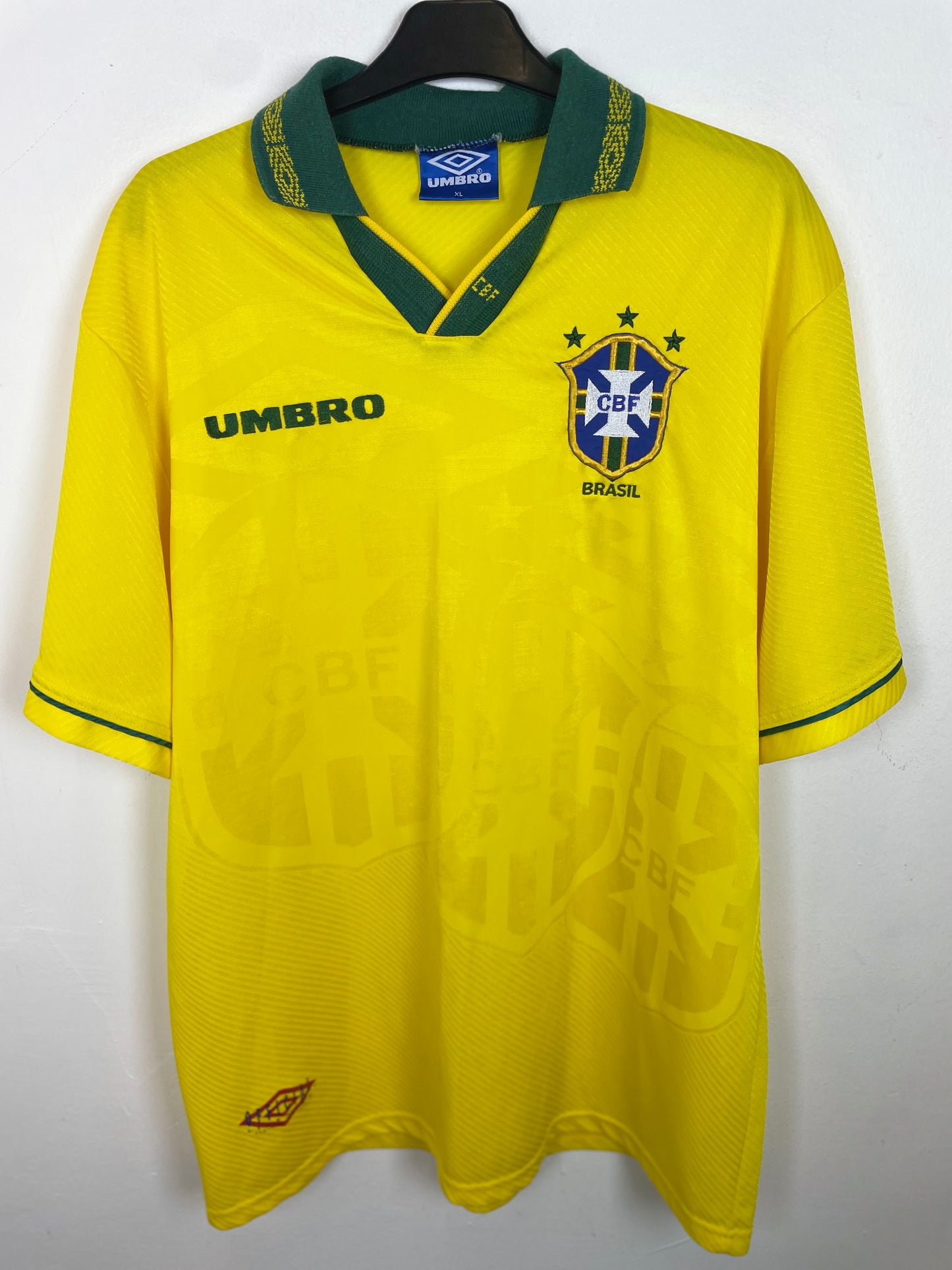 Umbro Brazil home shirt 1993 in yellow with green trim, classic vintage football jersey in XL