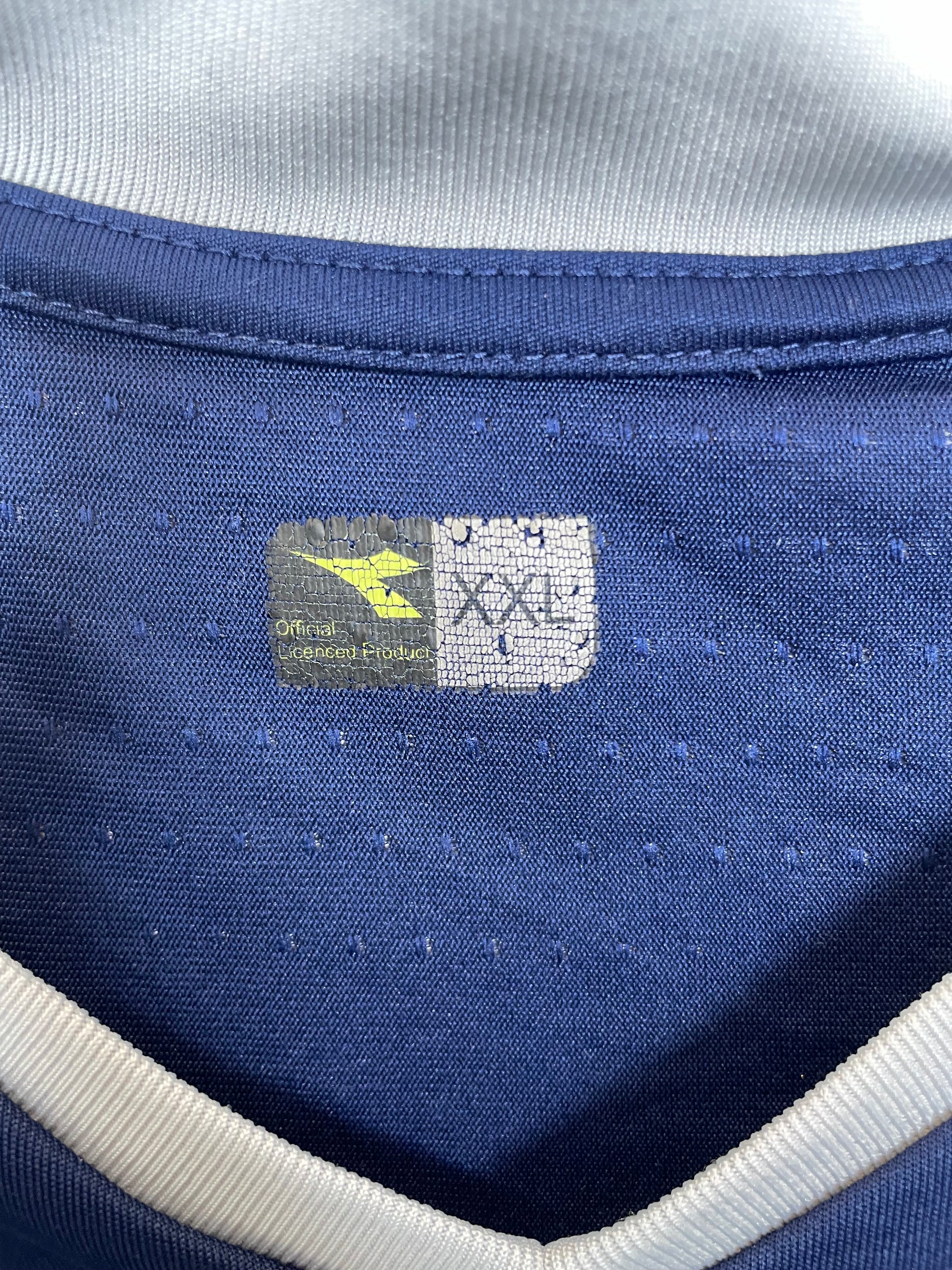 Close-up of a blue fabric with a label on a gray background