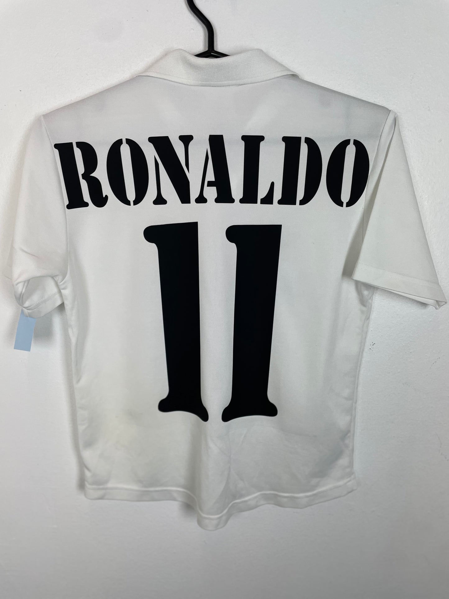 Back view of Real Madrid 01/02 home shirt showing Ronaldo name and number 11 print