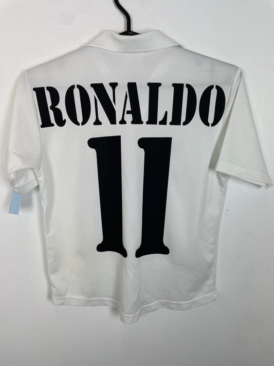Back view of Real Madrid 01/02 home shirt showing Ronaldo name and number 11 print