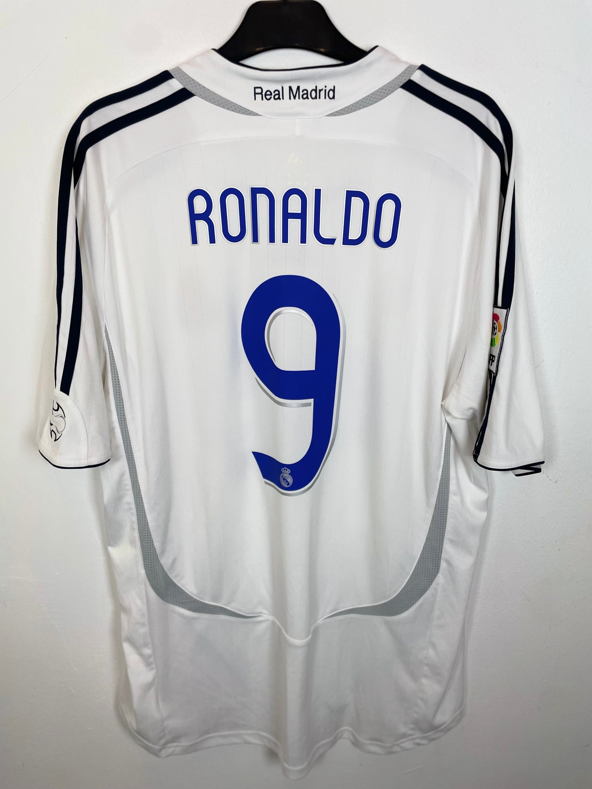 Back view of Adidas Real Madrid 06/07 home shirt showing Ronaldo name and number 9