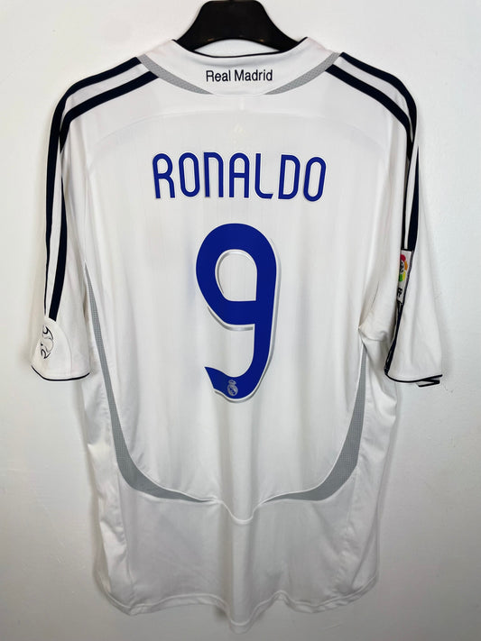 Back view of Adidas Real Madrid 06/07 home shirt showing Ronaldo name and number 9