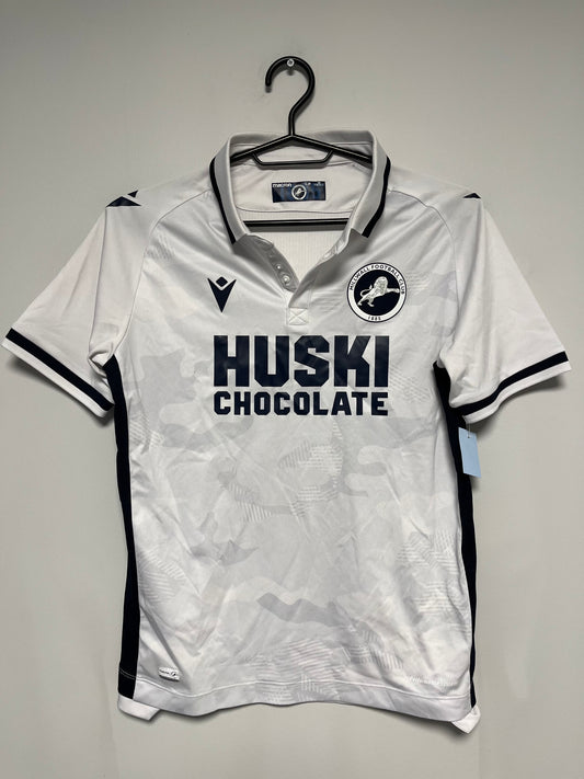 White Millwall Away Shirt with black text and branding on a gray background