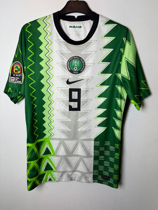 Nike Nigeria 2020 home shirt with hand-painted green pattern, front view, size M