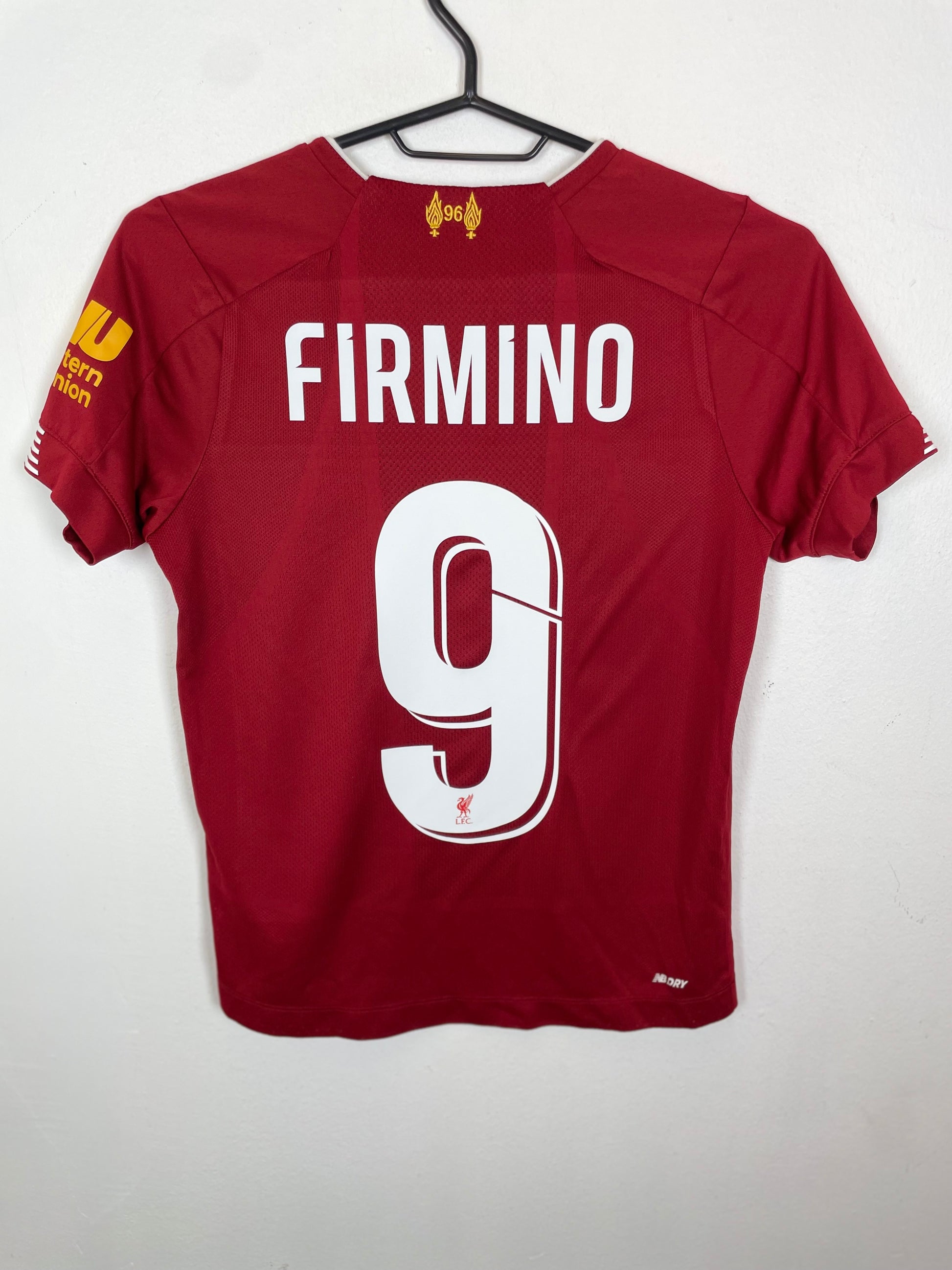 Back view of New Balance Liverpool 19/20 home shirt showing Firmino name and number 9