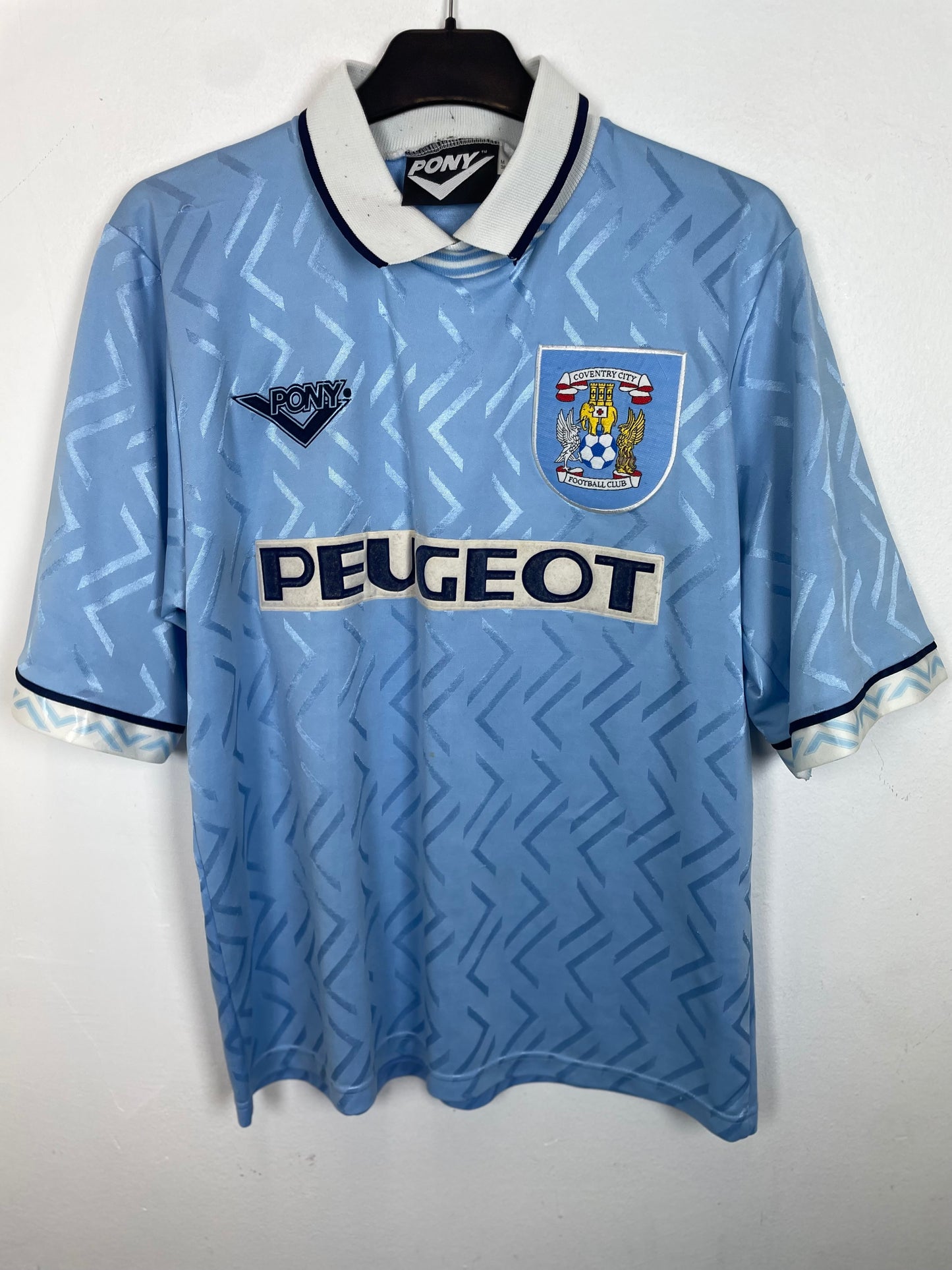 Pony Coventry City 94/95 home shirt — front view in sky blue with Peugeot sponsor