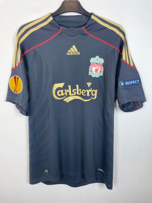 Adidas Liverpool 2009/10 away football shirt front, black and gold retro Premier League kit, size M - TheFootballIdiots
