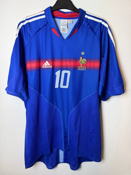 Adidas France 2004 home shirt in blue with red chest band, front view, size XL