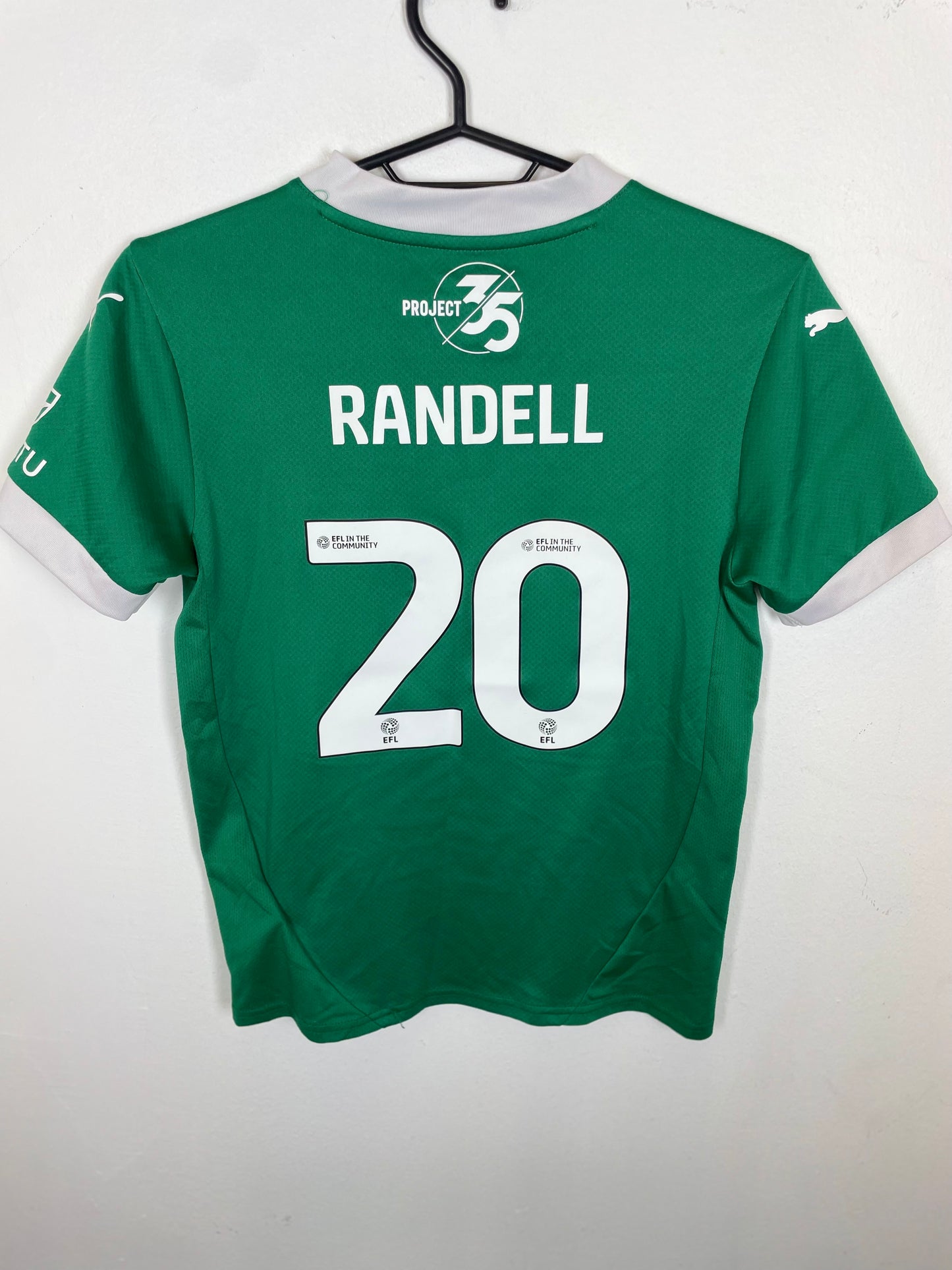 Back view of Plymouth Argyle 24/25 shirt showing Randell name and number 20 in kids size 11-12 years