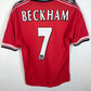 Back view of Umbro Manchester United 98/00 home shirt showing Beckham name and number 7, size 15-16Y