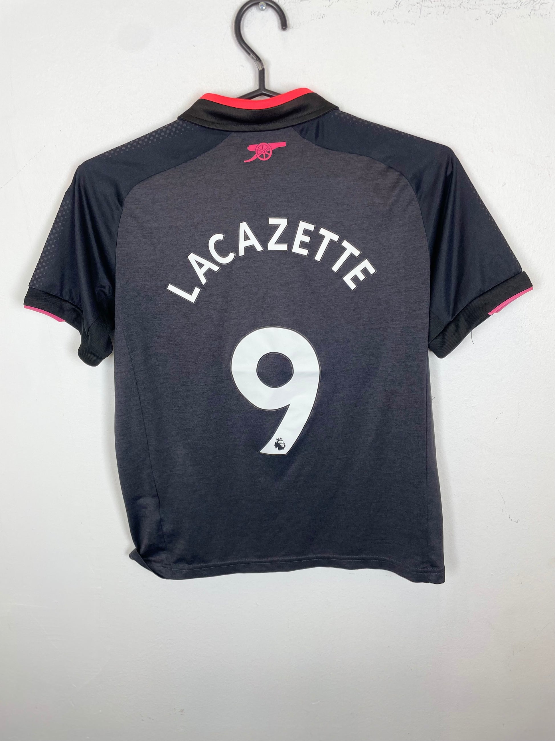 Back view of Arsenal third shirt 2017/18 showing Lacazette name and number 9, size 11-12 years