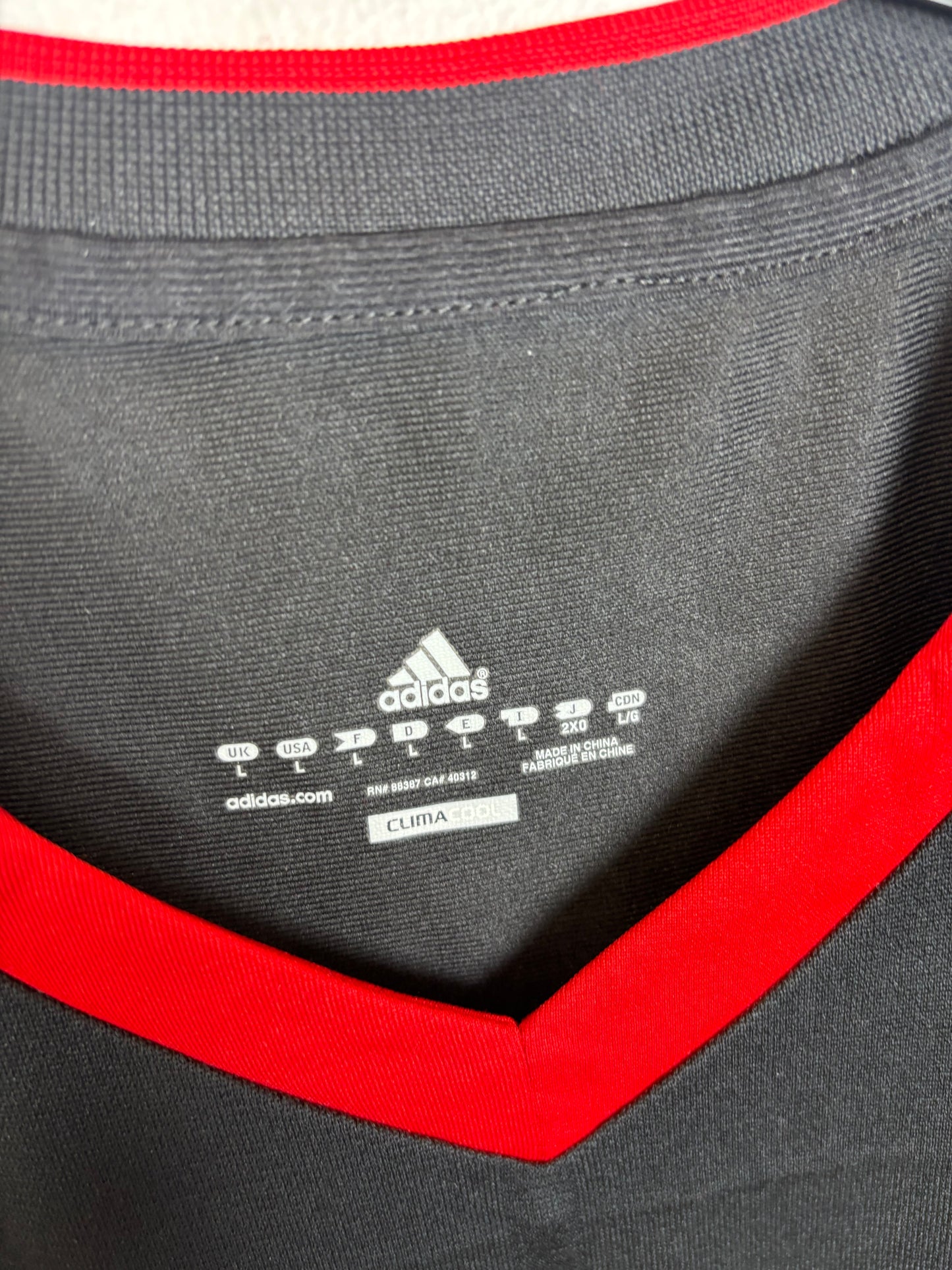 Close-up of Adidas logo and Germany national team badge on 2010 away shirt with Ozil 8