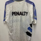 White vintage Brazilian kit with blue and black accents on a white background, featuring the brand 'Penalty'.