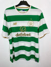 Green and white striped Official New Balance Scottish Premiership kit with visible branding on a white background