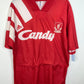 Adidas Liverpool 91/92 home shirt with Candy sponsor — front view in red