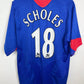 Back view of Manchester United 05/06 away shirt showing Scholes name and number 18 on white Nike kit
