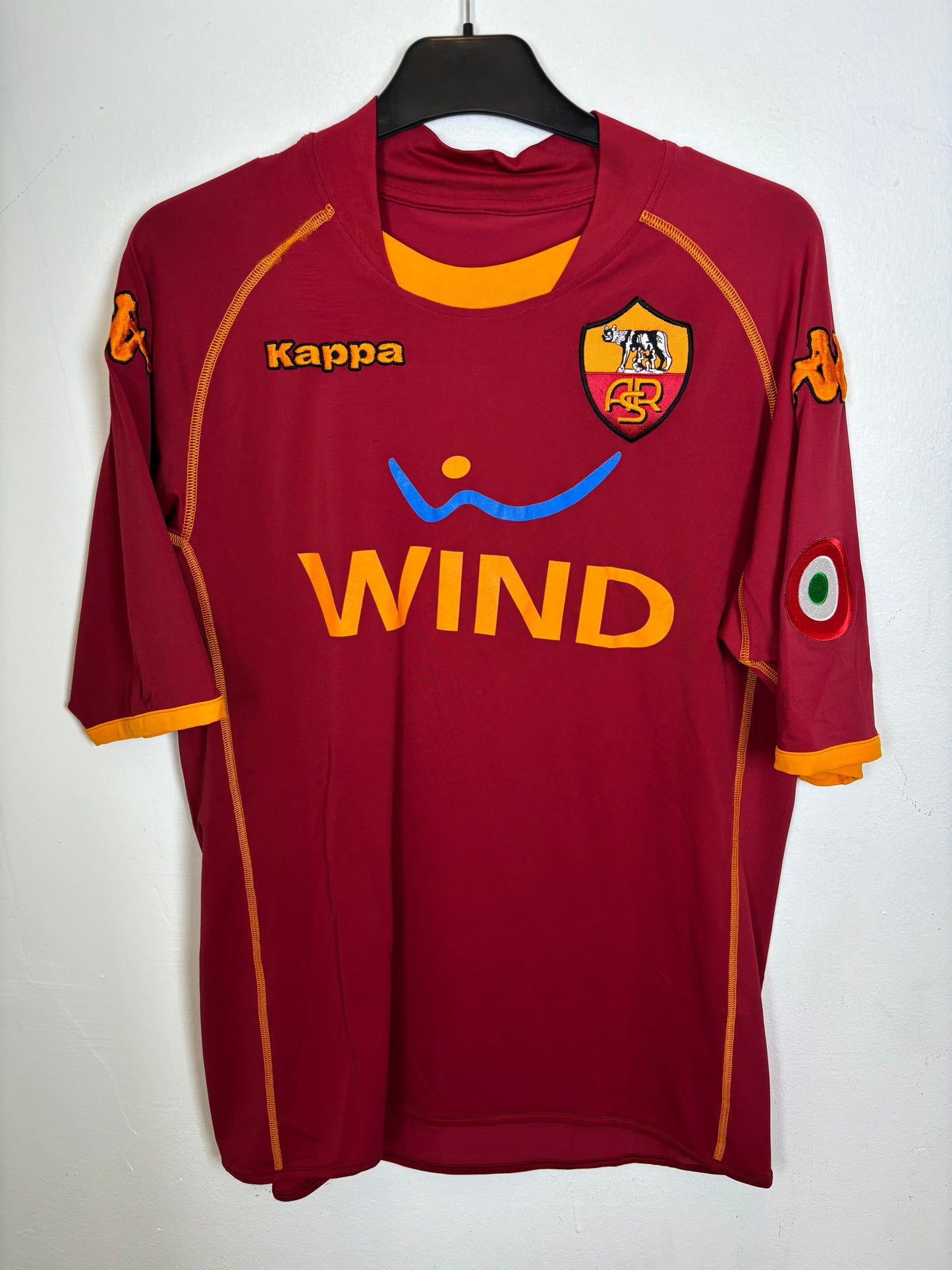Kappa AS Roma home football shirt from 08/09 season in classic red with yellow trim and white shorts collar