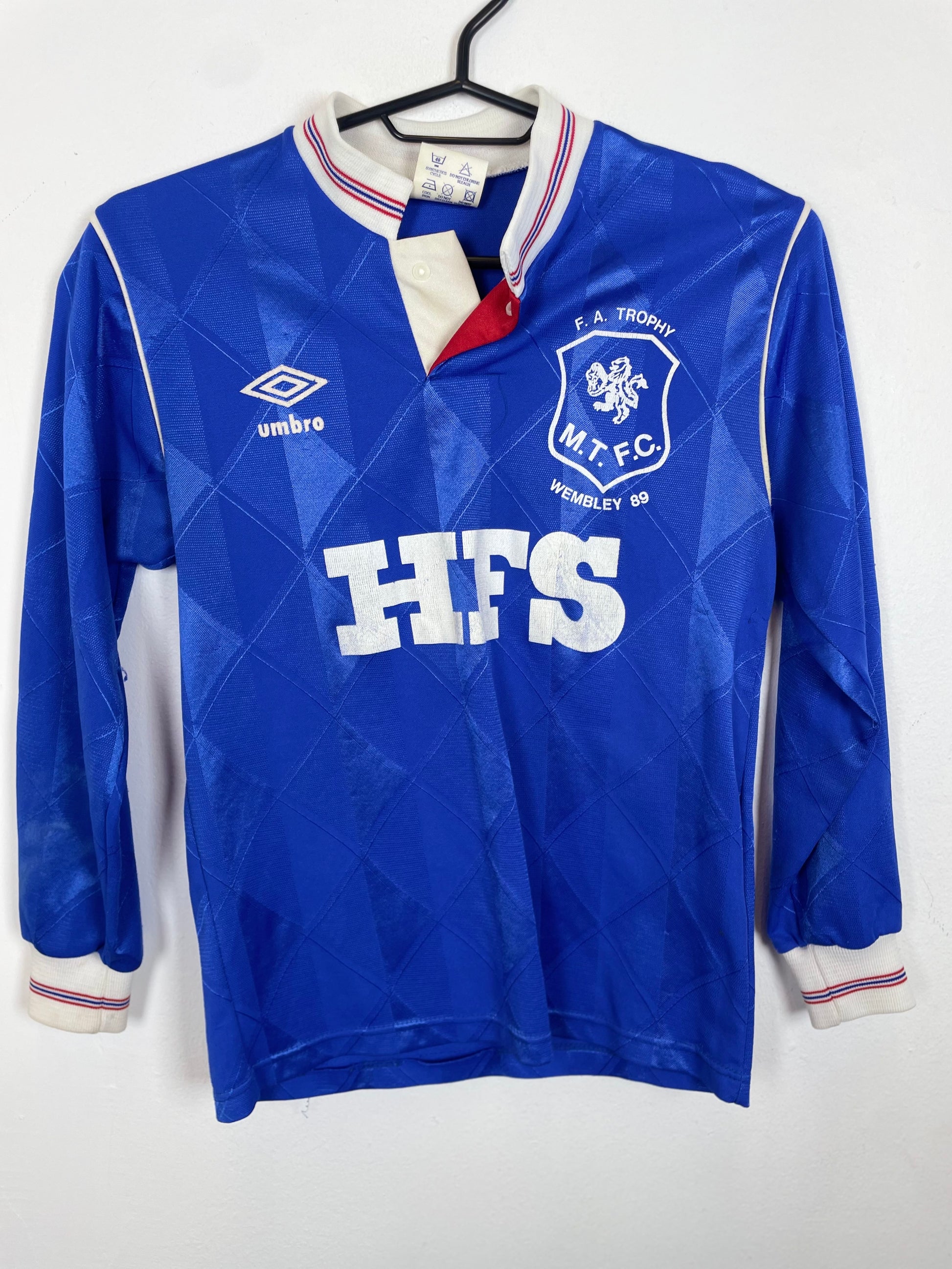 Umbro Macclesfield Town 1989 FA Trophy winners home shirt in kids sizing with the club crest, genuine original football shirt