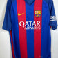 FC Barcelona home soccer jersey with blue and red vertical stripes, featuring the yellow Nike swoosh, FC Barcelona crest, and white Qatar Airways sponsor logo on the front.
