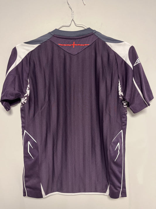 Purple England national football team shirt with white accents on a hanger against a plain background