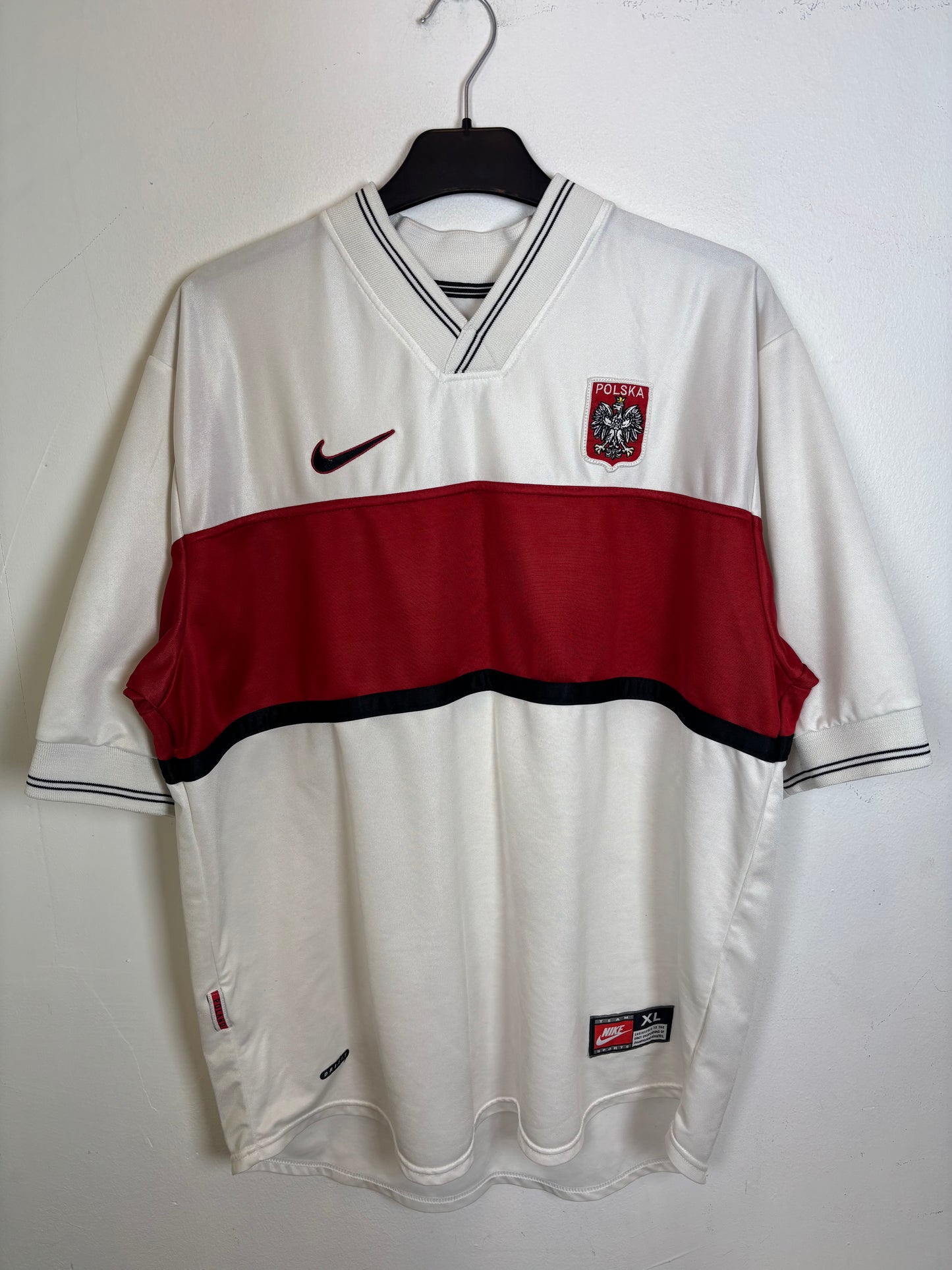 Nike Poland home football shirt from 1998 in white with red trim, front view showing classic design