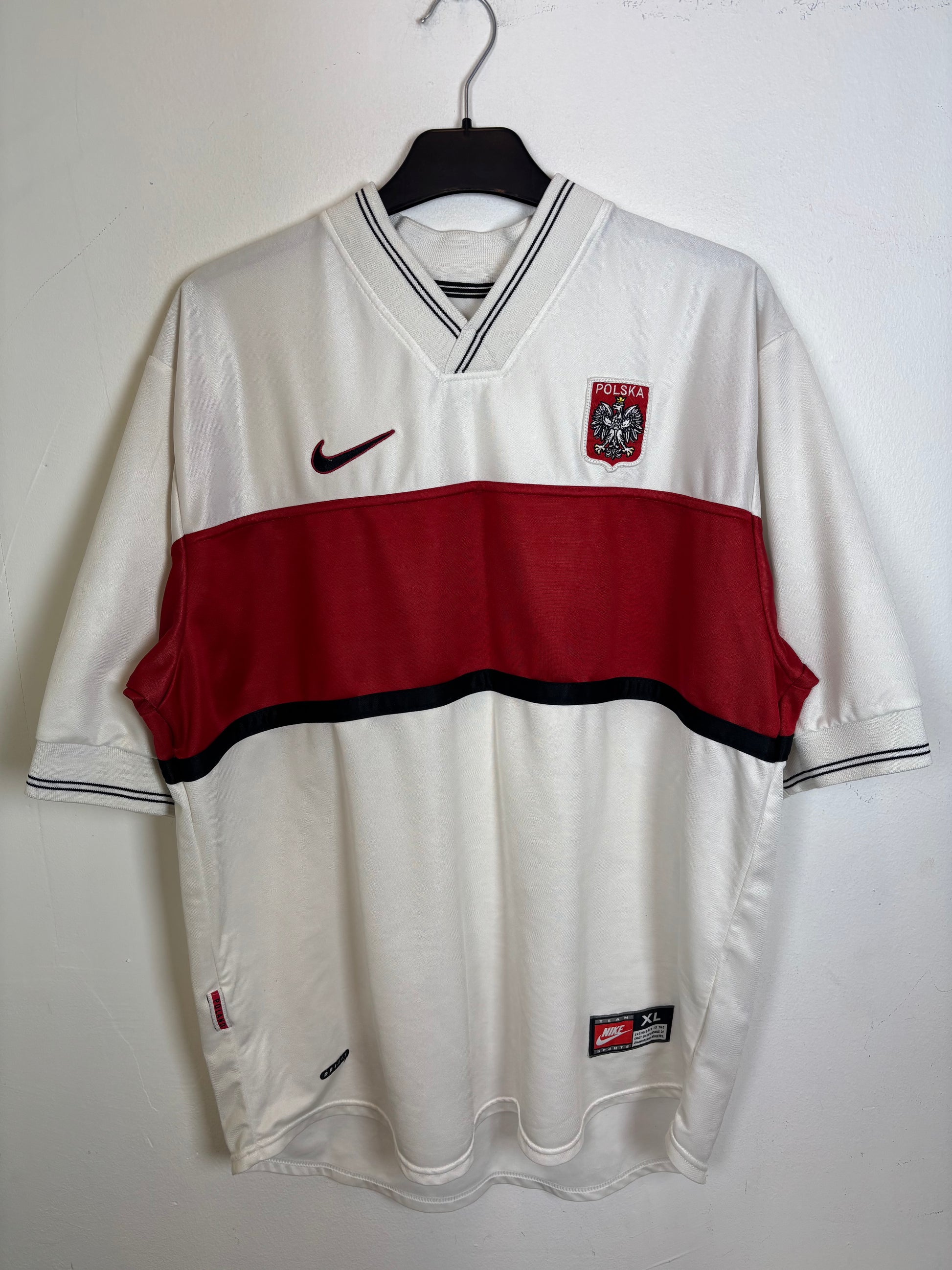 Nike Poland home football shirt from 1998 in white with red trim, front view showing classic design