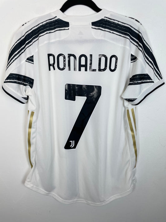 Front view of the Juventus 20/21 half-and-half home shirt showing the crest and Adidas logo, shown in full front detail
