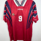 Adidas Norway home football shirt from 1996 in red with white trim, front view showing team badge and sponsor