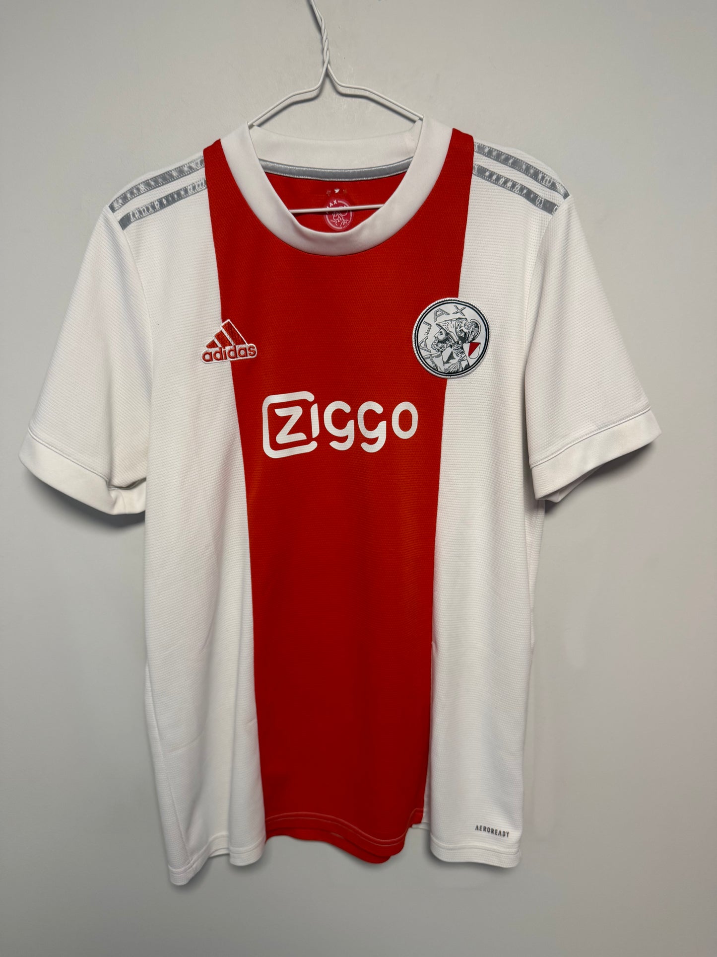 Adidas Ajax home shirt 2021/22 with Haller 22 in excellent condition, white with red stripe