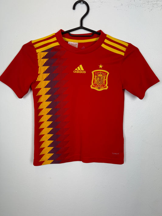 Adidas Spain 2018 World Cup home football shirt front in red with diamond graphic, kids 7-8 years - TheFootballIdiots
