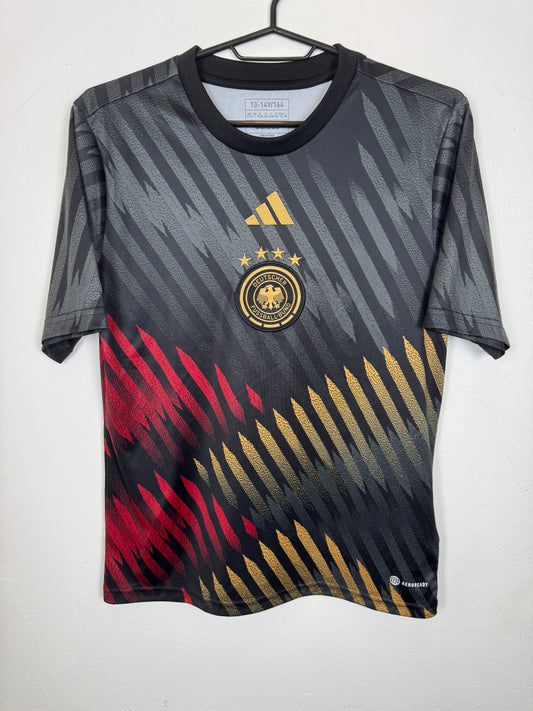 Adidas Germany 2022/23 pre-match training shirt front in black red and gold, kids size 164 - TheFootballIdiots