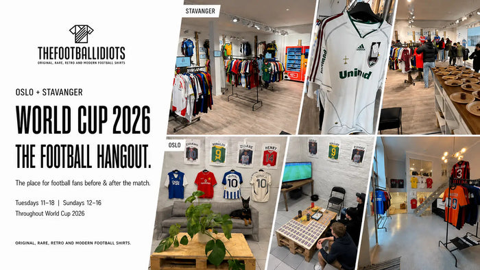 Promotional collage for The Football Liidiot's World Cup 2026 event with store interior and merchandise.