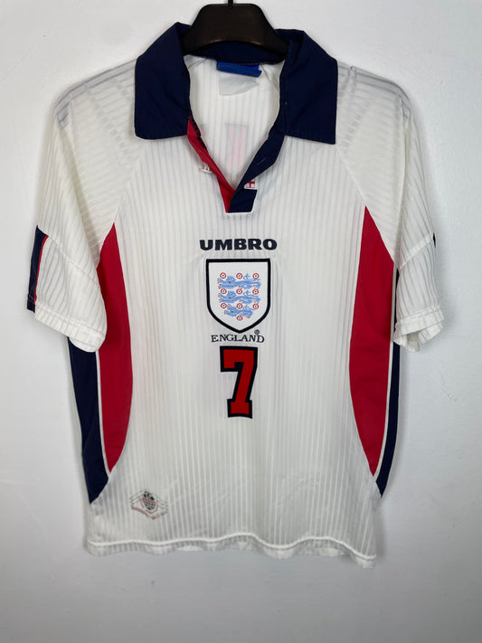 England home shirt 1998 with Beckham 7 in excellent condition, white with blue and red trim