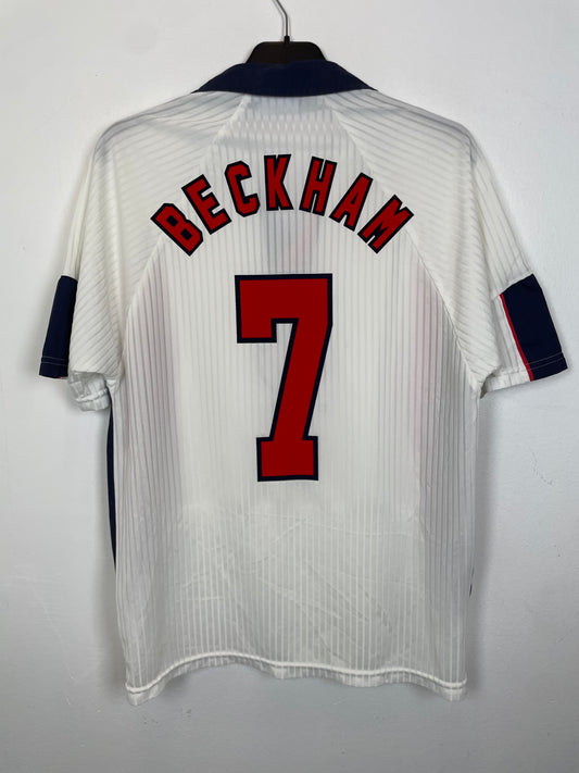 Back view of England 1998 home shirt showing Beckham name and number 7 in excellent condition