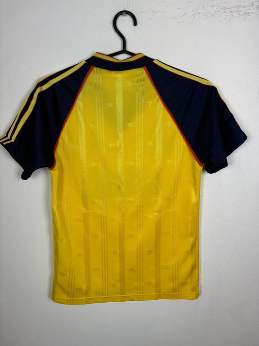 Front view of the retro Arsenal 88/91 kids away shirt showing the badge and Adidas stripes, shown in full front detail